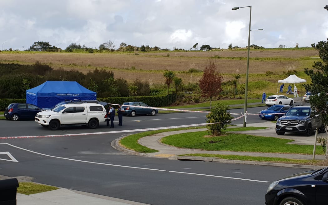 Police at the scene where a woman was fatally assaulted on Westgate Drive in Massey.