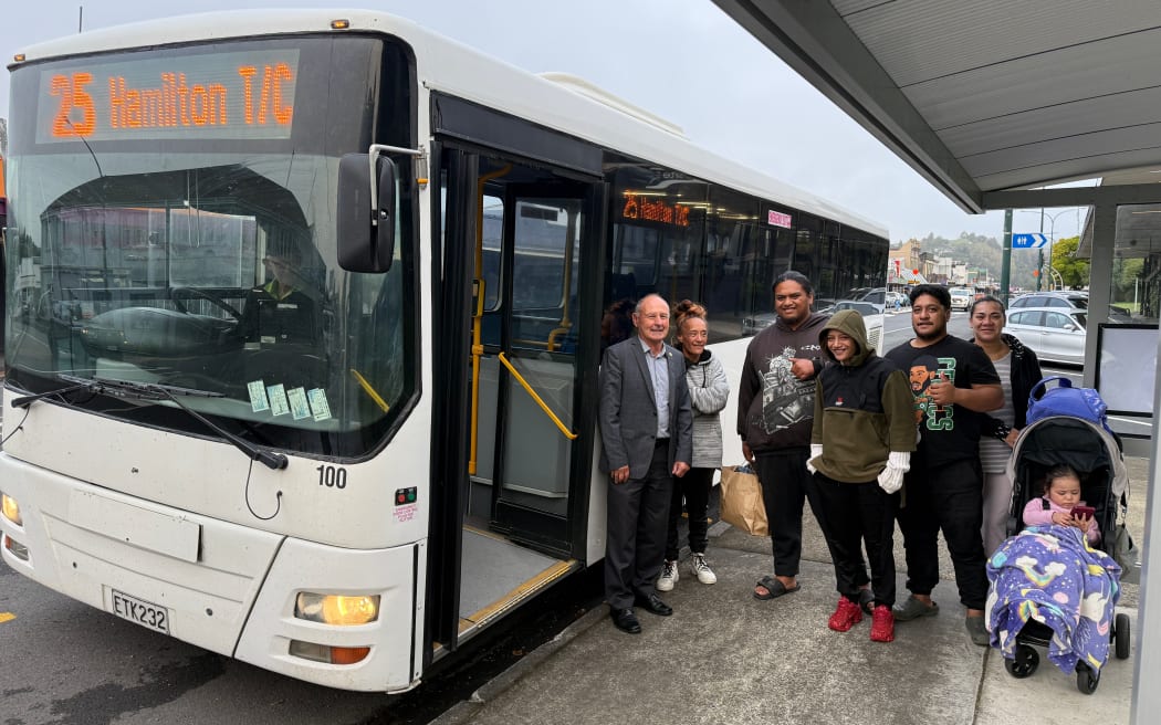 Ruapehu Mayor Weston Kirton with passengers travelling to Hamilton on the Route 25 bus from Taumarunui on Thursday.
