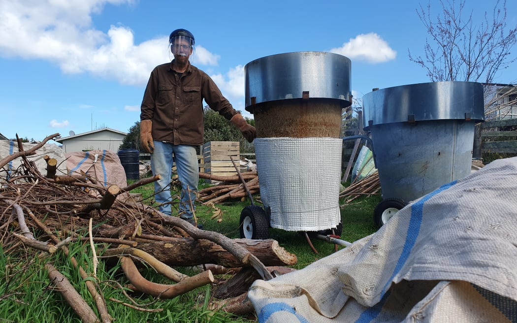 Phil Stevens has a couple of purpose built kilns on his lifestyle block for making biochar