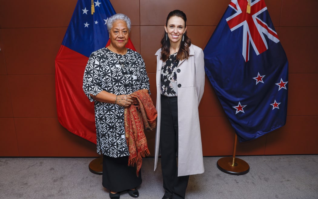 Prime Minister of Samoa Fiame Naomi Mata'afa and New Zealand Prime Minister Jacinda Ardern pose for a photo before a bilateral meeting at Parliament on 14 June 2022 in Wellington, New Zealand.