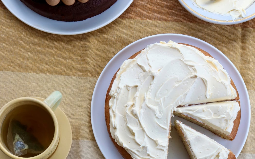 An aerial shot of a vanilla vegan cake