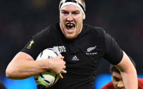 All Black lock Brodie Retallick scores the first try of the match during the 2015 Rugby World Cup Quarter Final against France in Cardiff.