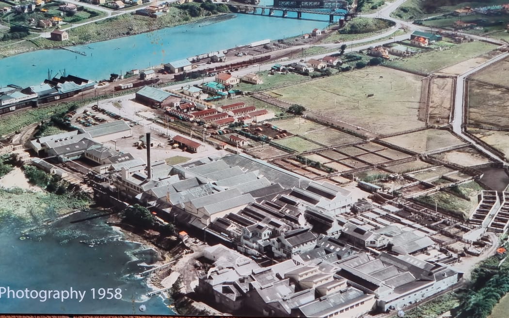 Aerial view of the Pātea freezing works in 1958.