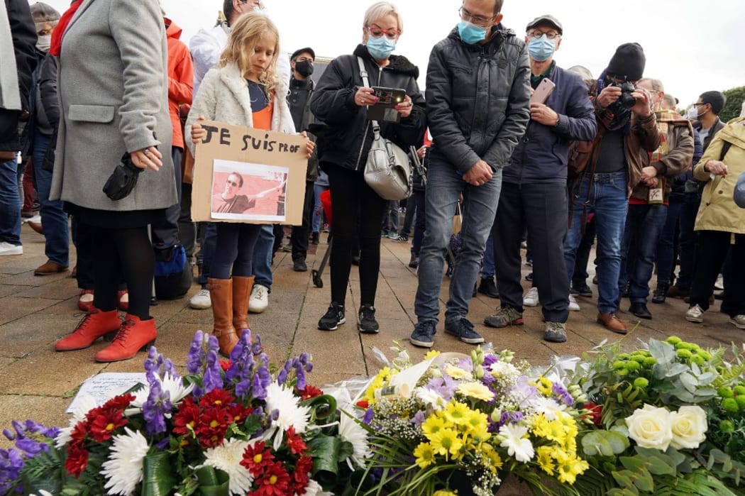 Rally in memory of Samuel Paty, the French teacher who was beheaded on the streets of the Paris suburb of Conflans St Honorine on October 18, 2020 in Lille, France.