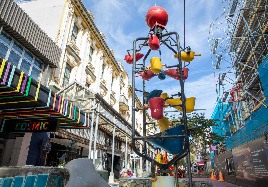 Cuba Street's kinetic sculpture, the Bucket Fountain, during the Covid-19 alert level four lockdown.