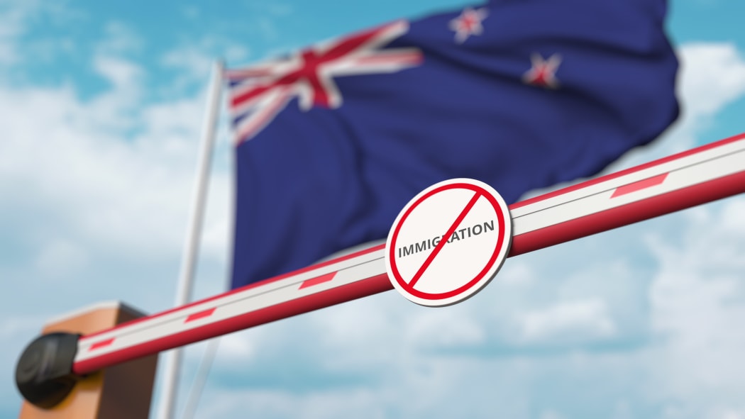 Closed boom gate on the flag background. Restricted entry or immigration ban 3D