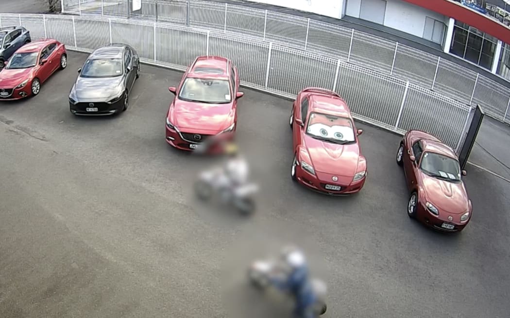 Image on Children leaving on dirt bikes after breaking into a Rotorua motorcycle dealership. Photo / Supplied
Clockwise from above left: the children left on stolen dirt bikes after breaking into a Rotorua motorcycle dealership; Patterson O'Connor Motorcycles on White St; Children break into Autohaus Rotorua and steal dirt bikes.