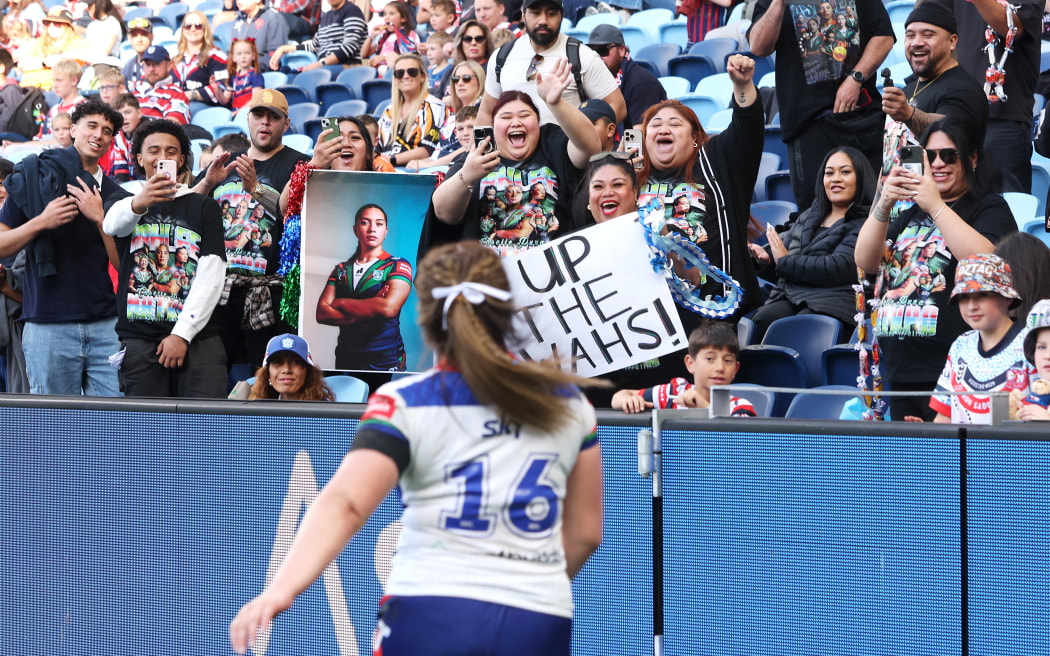 Ashlee Matapo of the Warriors runs to her supporters in the crowd after the Sydney Roosters Women v NZ Warriors Women, round 1 of the NRLW women’s rugby league at Allianz Stadium, Sydney, Australia on Sunday 6 July 2025.