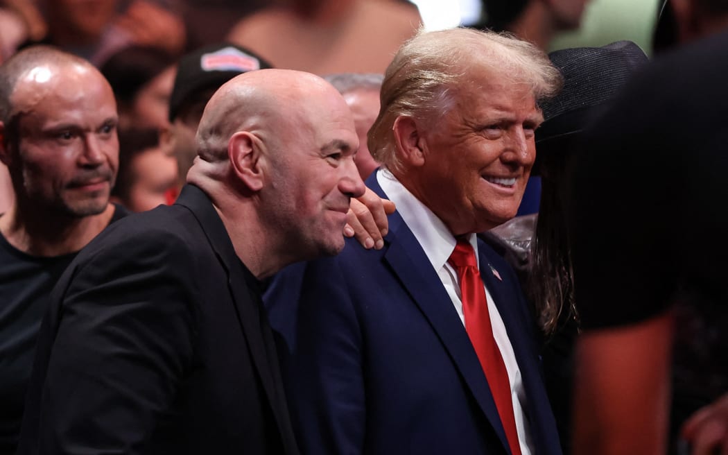 NEW YORK, NEW YORK - NOVEMBER 16: CEO of Ultimate Fighting Championship Dana White (L) next to President-elect Donald Trump during the UFC 309 event at Madison Square Garden on November 16, 2024 in New York City.