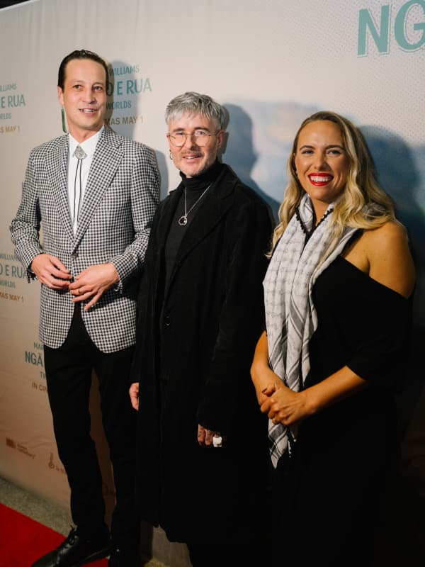 Marlon Williams, KOMMI and Director Ursula Grace Williams at the world premiere of Ngā Ao E Rua – Two Worlds.