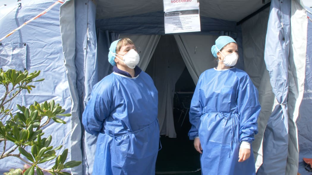 Acceptance First Aid, indicates a panel at the entrance of the hospital in Imola where coronavirus patients are treated.