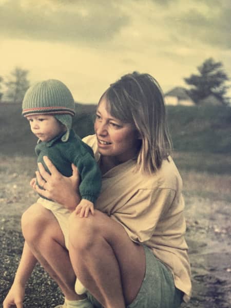 Sue Watson with her son Max, lake Taupo.