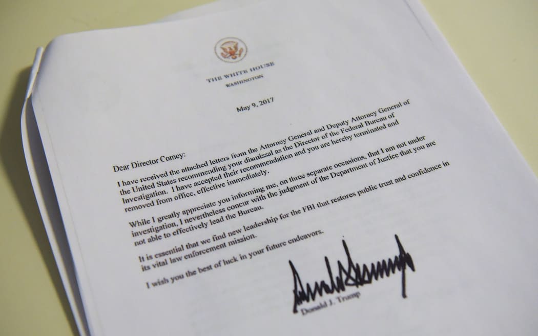 A copy of the termination letter to FBI Director James Comey from US President Donald Trump.