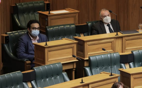 Independent MP Dr Gaurav Sharma sits next to Ex-speaker of the house Trevor Mallard as new Speaker Adrian Rurawhe starts his role
