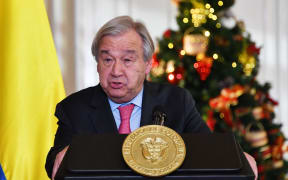 UN Secretary-General Antonio Guterres talks to the media during a press conference at Nariño presidential palace in Bogota, on November 24, 2021. -