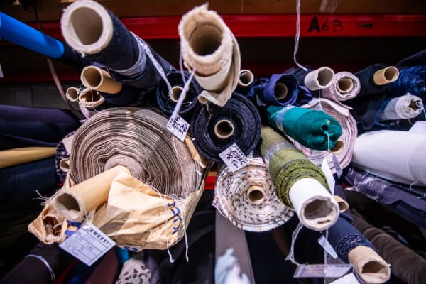 Rolls and rolls of fabric in the Zambesi showroom.