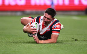 Victor Radley scores for the Roosters against Manly Sea Eagles in their NRL semifinal at Allianz Stadium in Sydney, September 21, 2024.  (AAP Image/Dan Himbrechts/ Photosport)