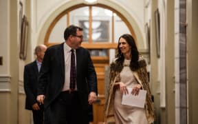 Grant Robertson & Jacinda Ardern entering the House before Ardern's valedictory speech.