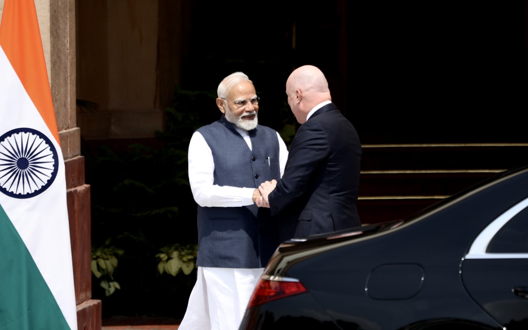 Christopher Luxon is welcomed by Indian PM Narendra Modi at Hyderabad House before bilateral talks in New Delhi.