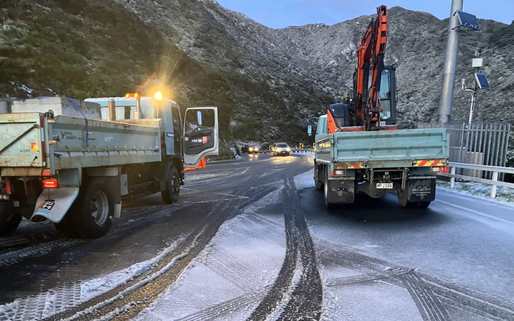 Snow on SH2 Remutaka Hill Road.