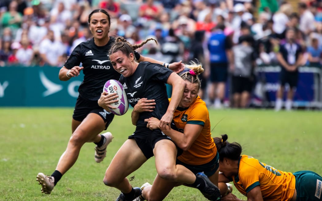 New Zealand’s Jazmin Felix-Hotham is tackled by Australia’s Teagan Levi.