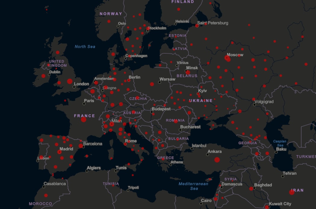 A snapshot of cumulative confirmed cases of Covid-19 across Europe, from John Hopkins University.