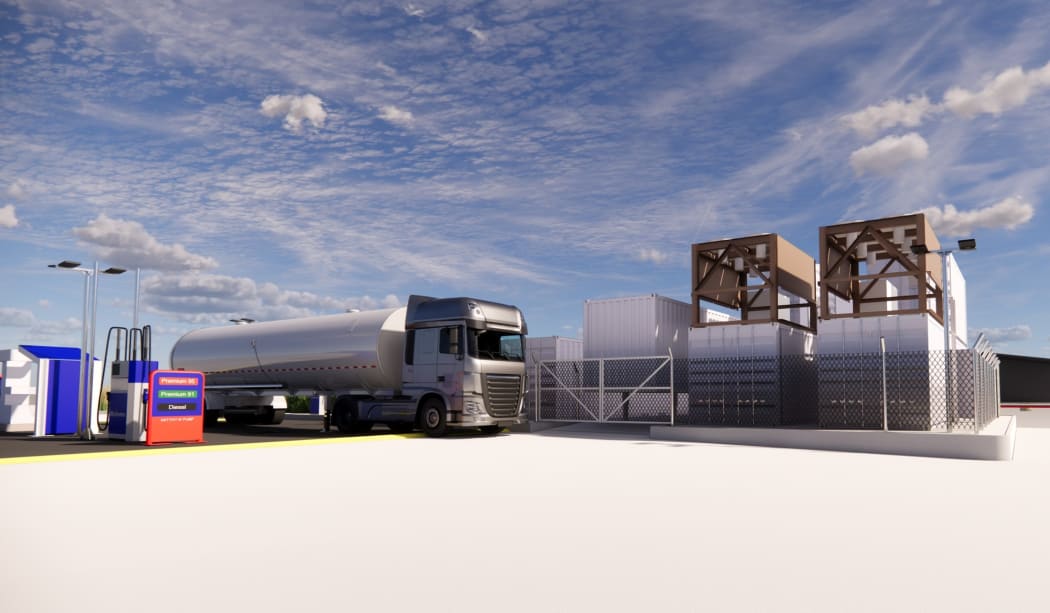 An artist's impression of the Hiringa Energy's green hydrogen fuelling stations, which will support hydrogen-powered trucks.