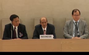 Indonesia's permanent representative in Geneva, Hasan Kleib (middle) responds to recommendations on human rights in the UN Universal Period Review, 2017.