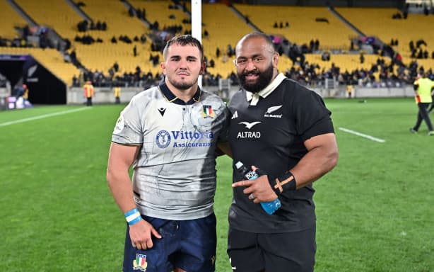 Muhamed Hasa of Italy and George Bower of New Zealand poses for a photo after the 2026 Nations Championship - New Zealand All Black v Italy at Hnry Stadium, Wellington, New Zealand on Saturday 11 July 2026.                                                                     
Copyright photo: Masanori Udagawa /  www.photosport.nz