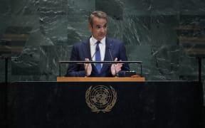 Greek Prime Minister Kyriakos Mitsotakis speaks during the General Debate of the United Nations General Assembly at UN headquarters in New York City on September 26, 2025. (Photo by TIMOTHY A. CLARY / AFP)