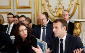 French President Emmanuel Macron (R) and New Zealand's Prime Minister Jacinda Ardern (L) attend a launching ceremony for the Christchurch Call, 15 May 2019.