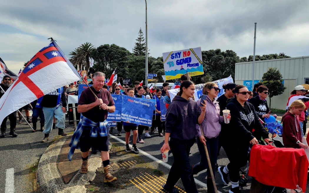 People marching through Patea in a hīkoi to oppose seabed mining, on 2 October, 2024.