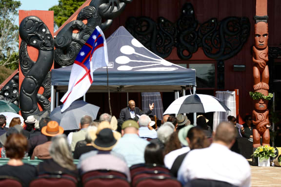 Te Kahautu Maxwell, of Te Whakatōhea, at Dr Ranginui Walker's funeral.