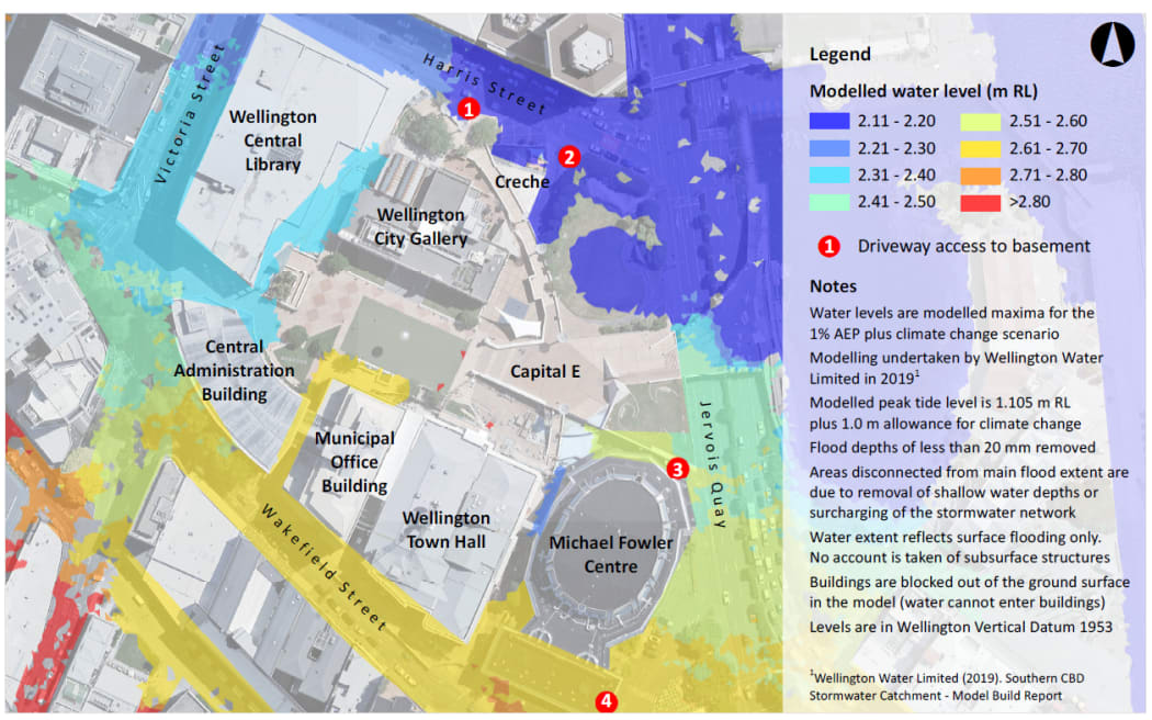 Modelling showing Te Ngākau Civic Square flood water levels with climate change factored in.