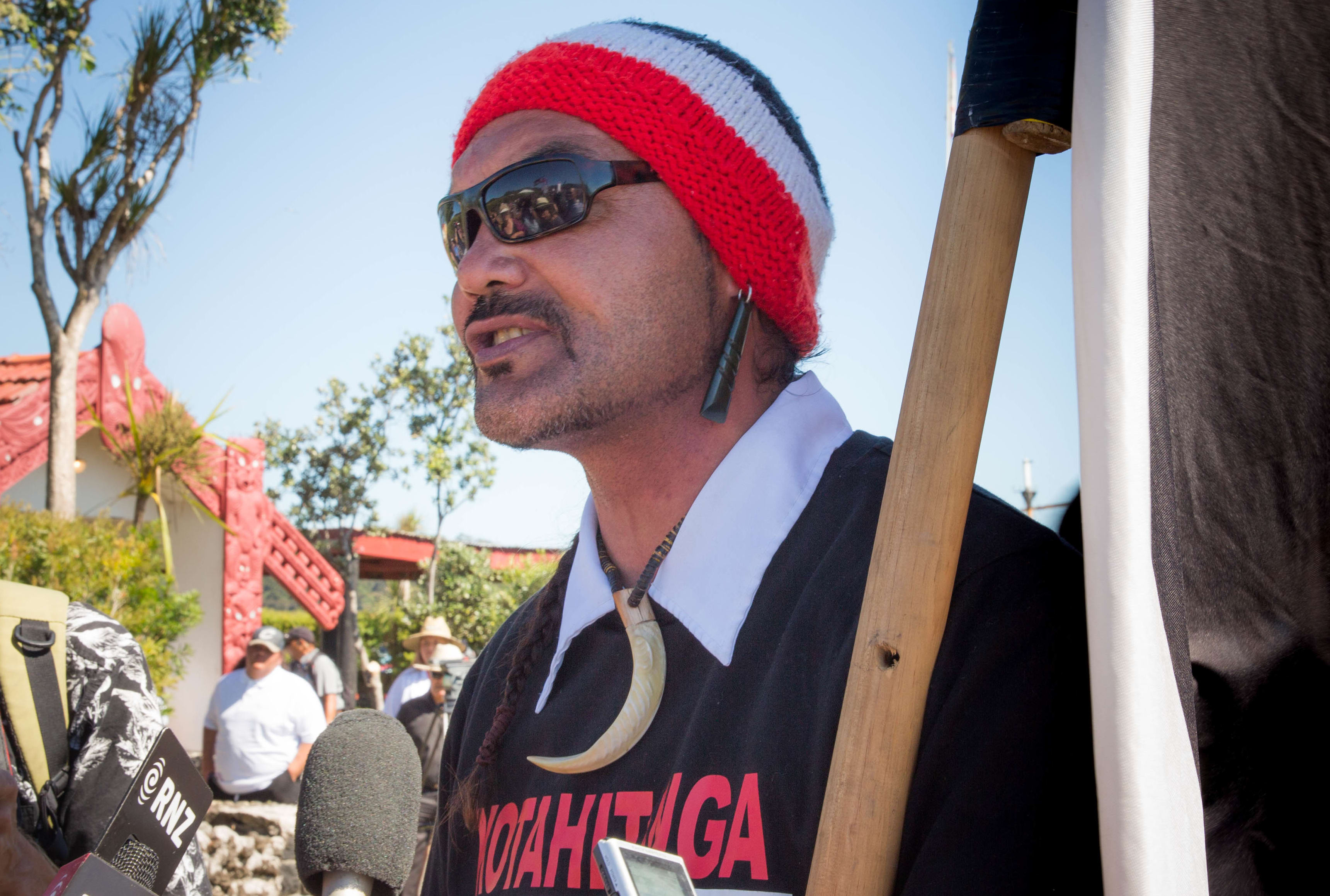 Reti Boynton outside Te Tii Marae leading the hikoi against methamphetamine. 5 February 2017.