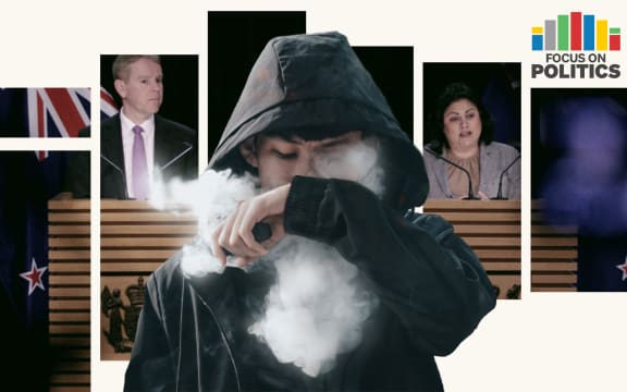 Composite image of vaping youth in front of Chris Hipkins and Ayesha Verrall