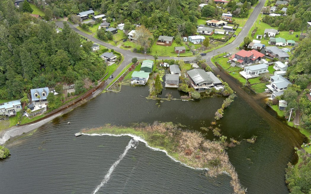 Homes in Ōtautū Bay at Lake Rotoehu are being inundated as lake levels near record heights