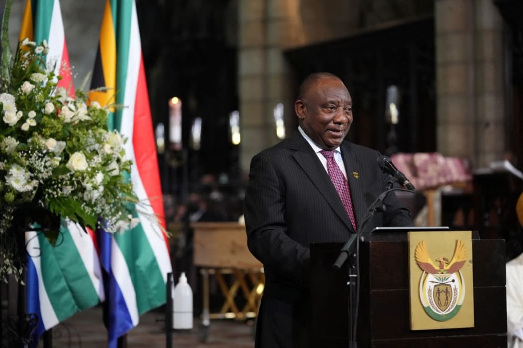 South African President Cyril Ramaphosa speaks during the requiem mass of South African anti-Apartheid icon Archbishop Desmond Tutu at St. Georges Cathedral in Cape Town on January 1, 2022.