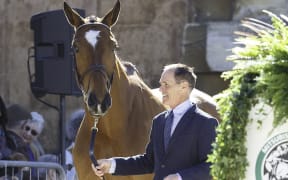 Blyth Tait and Bear Necessity V during the vet inspection at Badminton.