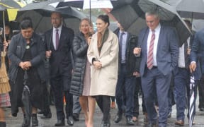 Prime Minister Jacinda Ardern, with Māori Development Minister Nanaia Mahuta, Treaty of Waitangi Negotiations Minister Andrew Little, and Māori Crown Relations Minister Kelvin Davis at Ōwae Marae.