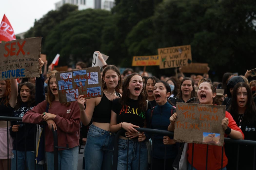 Students part of a 3000 to 4000-strong crowd in Wellington arrive at Parliament.