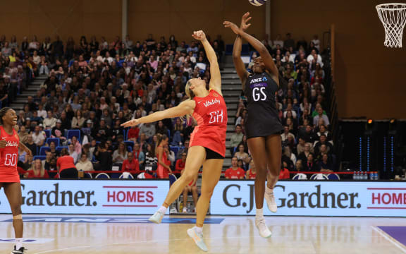 Silver Ferns Grace Nweke with England Francesca Williams during game 2 of the Taini Jamison Trophy
