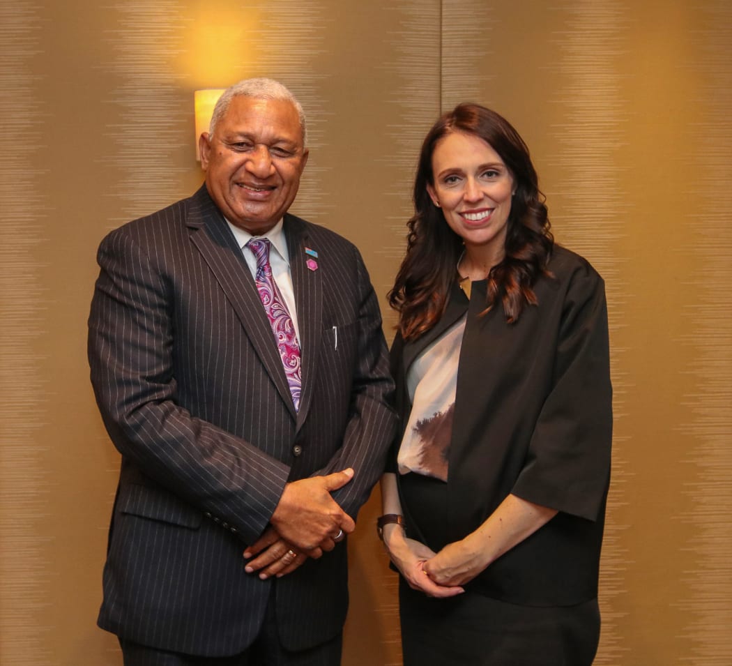 Fiji PM Frank Bainimarama with New Zealand's Jacinda Ardern in London