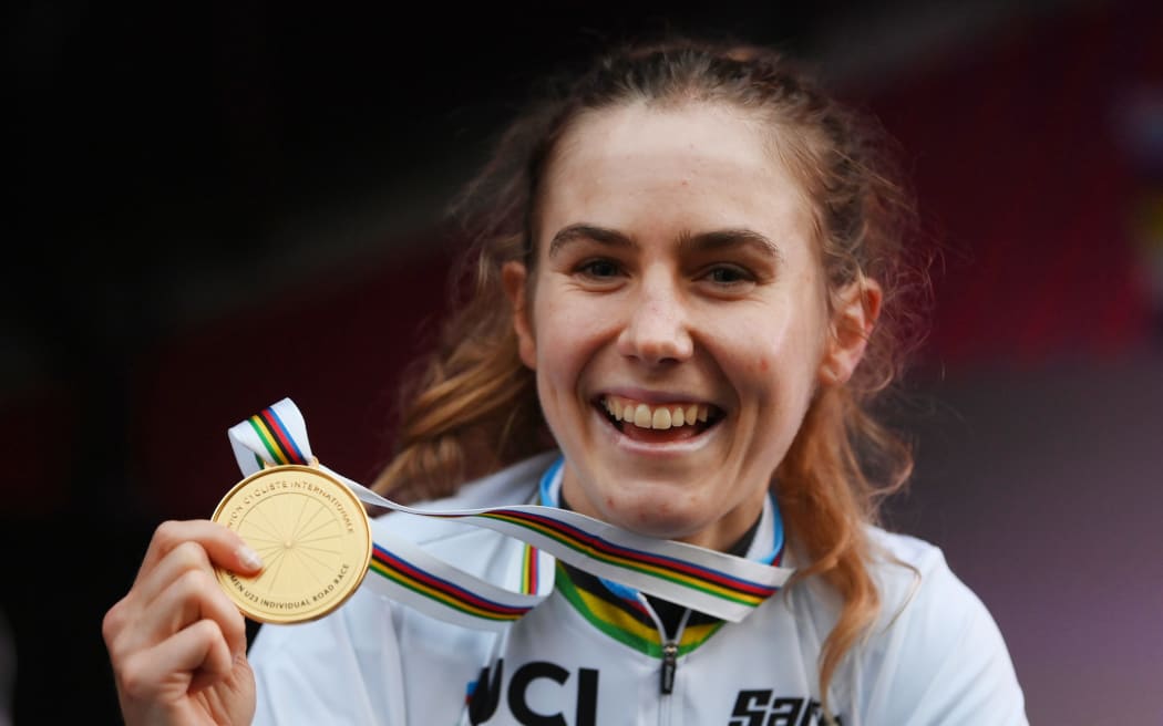 Niamh Fisher Black of New Zealand on the podium after taking the victory in the U23 category at 2022 Road World Championships