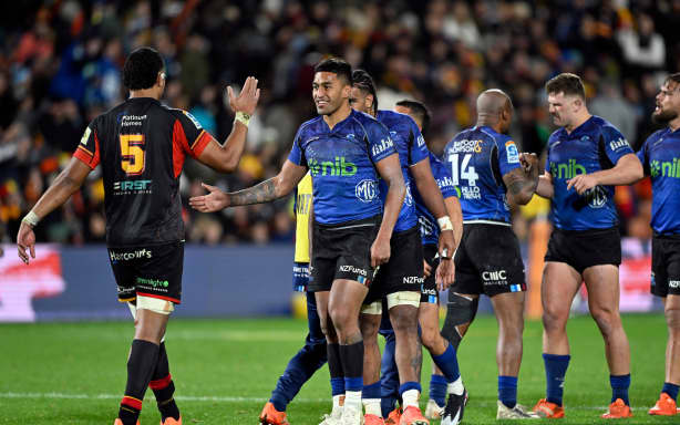 Rieko Ioane of the Blues, Chiefs v Blues, Qualifying Final Super Rugby Pacific match at FMG Stadium, Hamilton, New Zealand on Saturday 7 June 2025. © Photo: Andrew Cornaga / Photosport