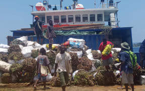 MV Tina with Pentecost kava at Port Vila wharf this week.