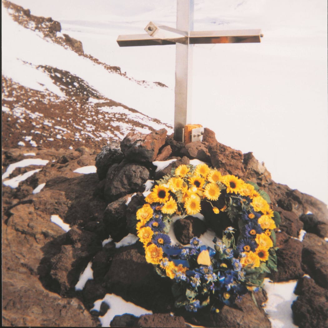 The wreath placed at the Erebus memorial cross for the 20th anniversary commemoration.