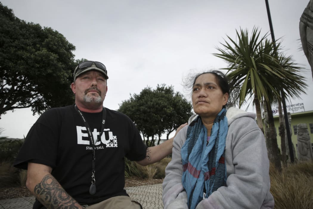 29062016 Photo RNZ / Rebekah Parsons-King. L-R Mark James, E Tu's lead organiser for Wellington is campaigning for Situa Tangatauli, who works three jobs on a minimum wage and struggles to feed her family, they are hoping to get a living wage to better the lives of her family.
