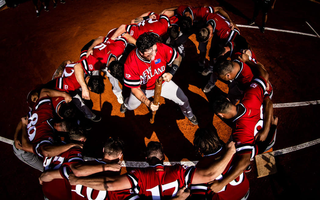 The New Zealand Men's Softball team, the Golden Home Black Sox, perform haka at the 2019 World Cup. Game for 3rd place, New Zealand vs Canada, 23th of June, 2019. Photo Grega Valancic / WBSC