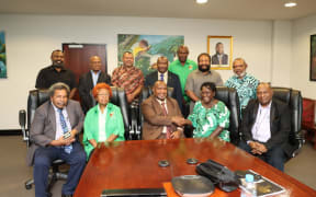 Prime Minister James Marape, sitting middle, congratulating Francesca Semoso, sitting second from right, with Pangu Pati executives and MPs while endorsing her as a candidate for North Bougainville in June 2023.